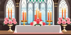 Alt text: "Altar con velas y rosas blancas en una iglesia