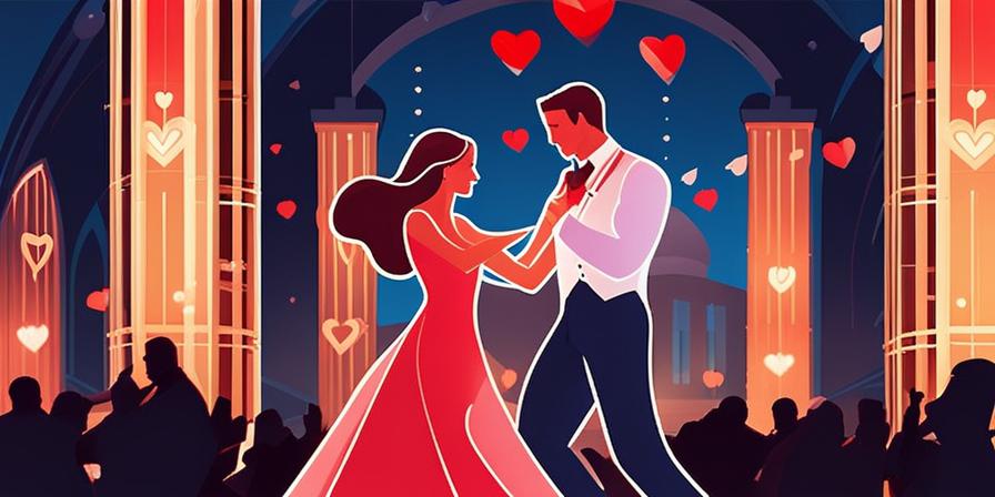 Una pareja apasionada bailando con corazones y luces brillantes