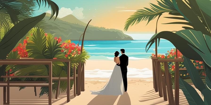 Pareja de recién casados besándose en playa tropical