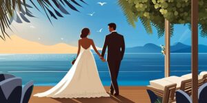 Pareja de enamorados en boda junto al mar