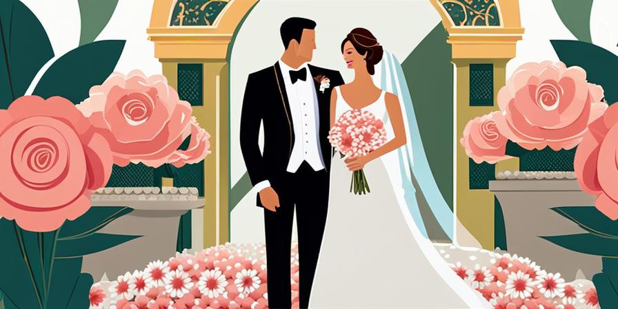 Pareja de novios felices rodeados de flores y decoraciones de boda, con coordinador de bodas sonriente y profesional supervisando los detalles