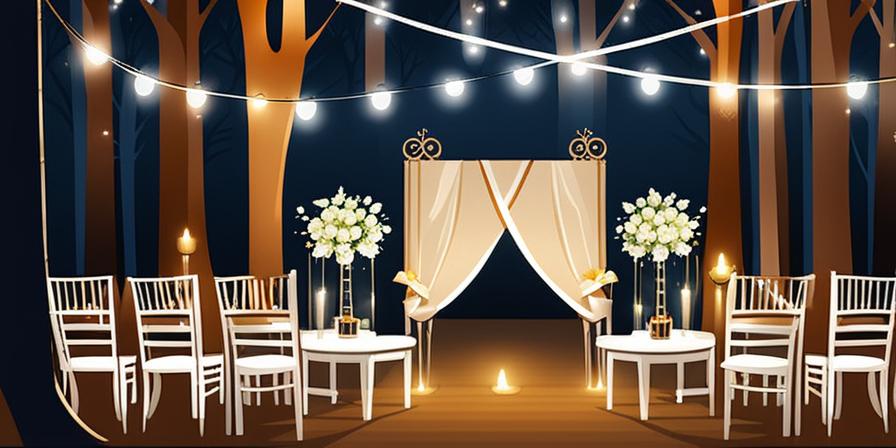 Ceremonia de boda con luces brillantes en un bosque encantado