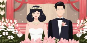 Pareja feliz en ceremonia civil rodeada de flores y risas