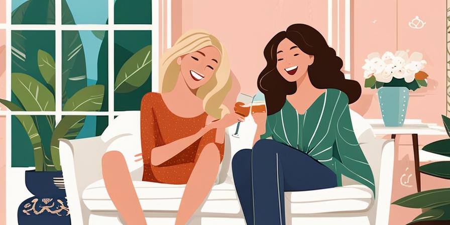 Mujeres riendo y disfrutando de una despedida de soltera en casa