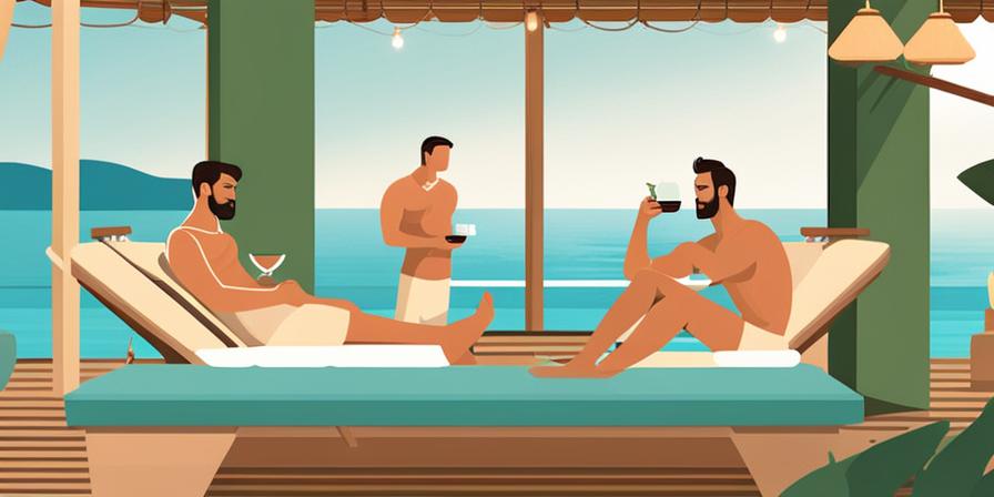 Hombres relajándose y disfrutando de un spa y actividades en el resort