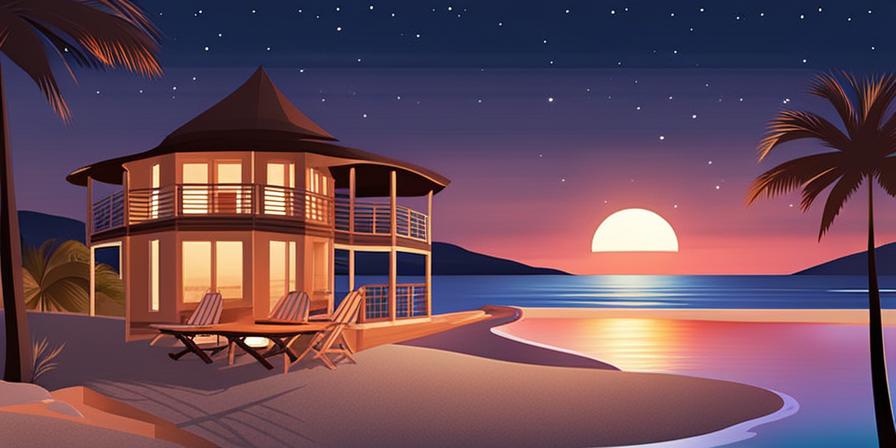 Pareja romántica caminando junto al mar bajo la luna llena en un resort de playa