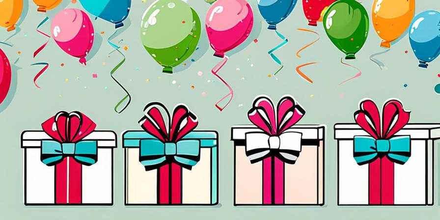 Caja de regalo con lazo, globos, confeti y la palabra 'Felicidades'