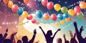 Fiesta vibrante con globos, luces y confeti