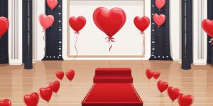 Sala de cine decorada con globos de corazón
