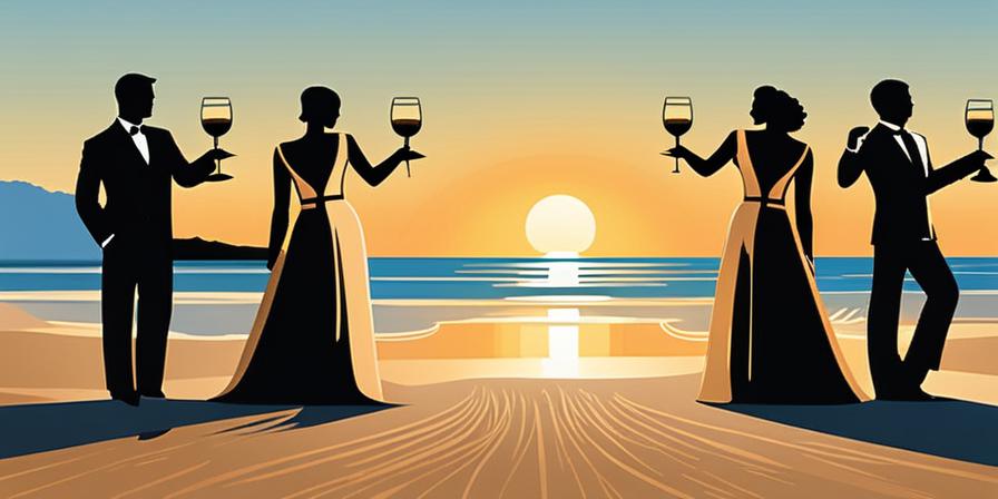 Grupo de amigos brindando en la playa de Mallorca al atardecer con copas de champagne