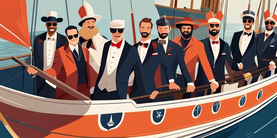 Grupo de hombres disfrutando en un barco festivo con disfraces