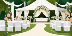 Jardín con carpa blanca para boda elegante