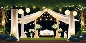 Hermoso jardín con carpa de bodas adornada con luces brillantes y velas