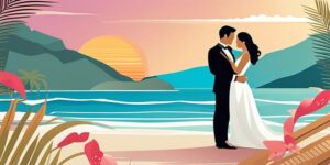 Pareja de recién casados abrazados en playa paradisíaca