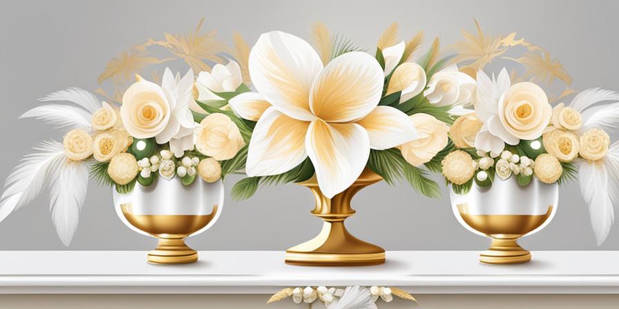 Mesa de boda con centros de mesa de plumas blanco y dorado