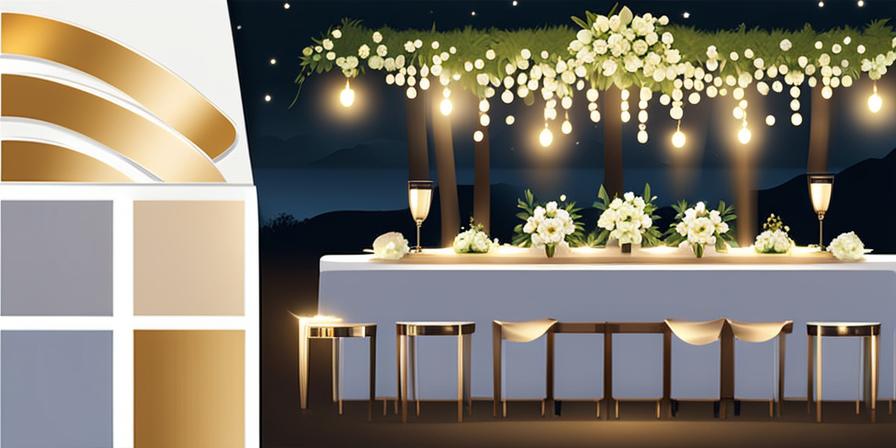 Mesa de bodas al aire libre con cálidas luces brillantes