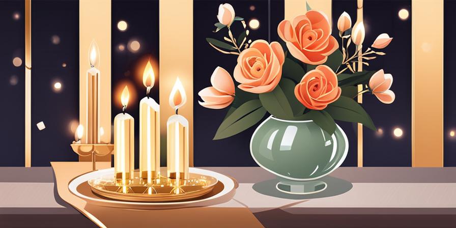 Mesa elegante con velas, flores y luces