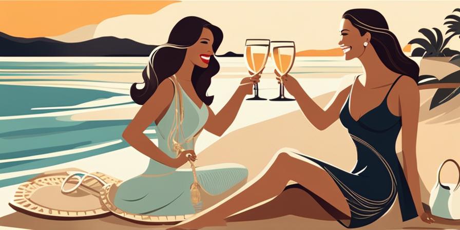 Mujeres felices brindando con champagne en una playa exótica