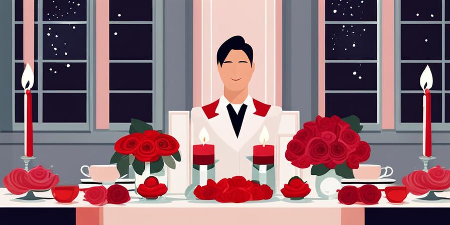 Romántica cena con pareja sonriente, velas y rosas