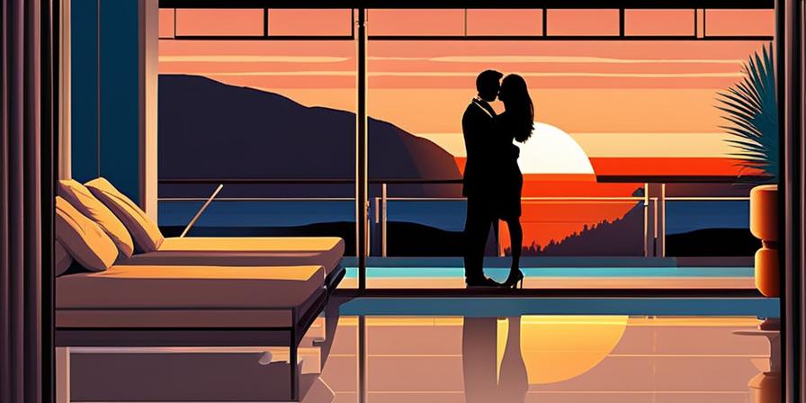 Pareja enamorada disfrutando de puesta de sol en hotel romántico