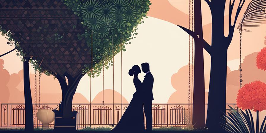 Pareja enamorada abrazándose en un jardín para bodas
