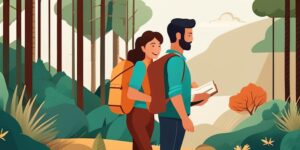 Una pareja aventurera explorando un bosque con mochilas y mapas