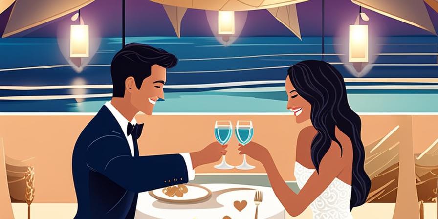 Romántica pareja brindando con champán en cena de lujo