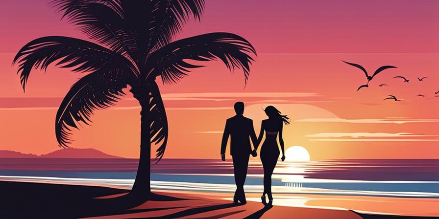 Romántica pareja en playa al atardecer, tomados de la mano
