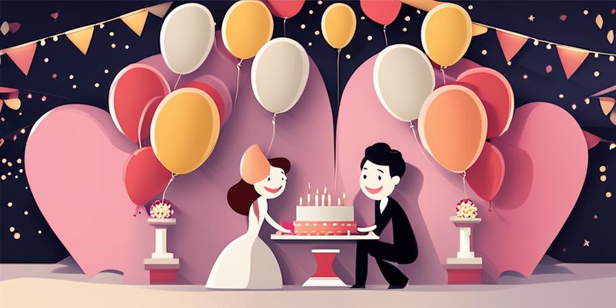Aniversario con pareja feliz rodeada de globos y velas