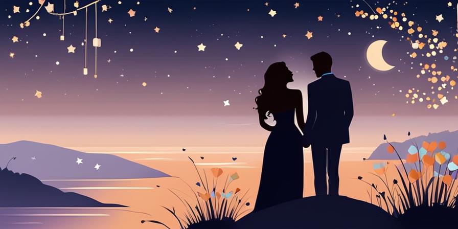 Romántica pareja mirando las estrellas en una noche estrellada