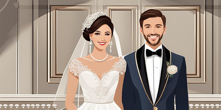 Una pareja sonriente disfruta de los accesorios divertidos en un fotomatón de bodas