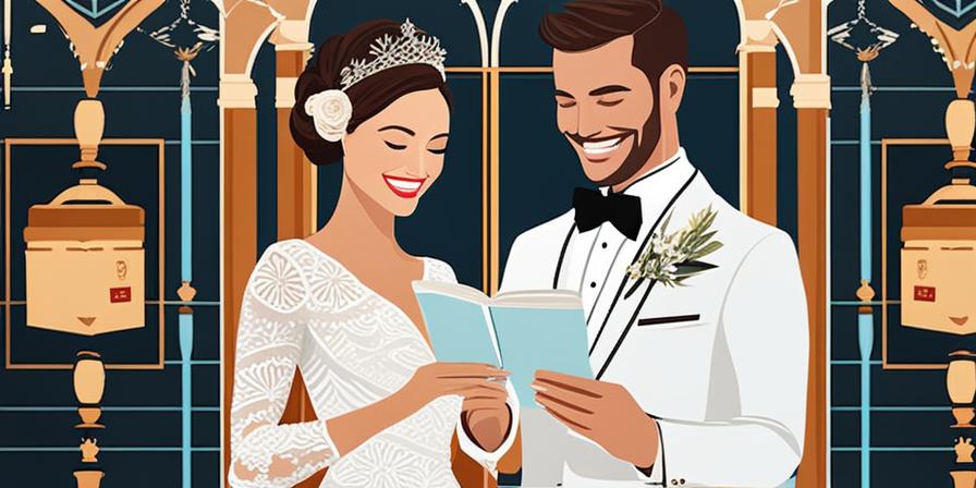 Pareja emocionada leyendo votos de boda con felicidad
