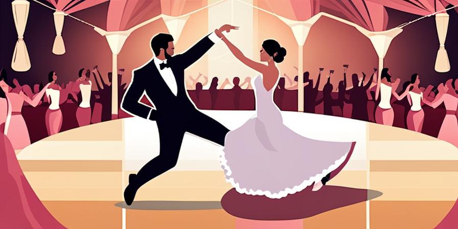 Fiesta de bodas con pareja feliz y bailarines profesionales