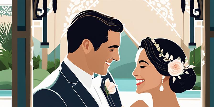 Sonriente pareja rodeada de preciosas fotografías de boda