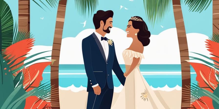 Pareja feliz en boda en una playa tropical
