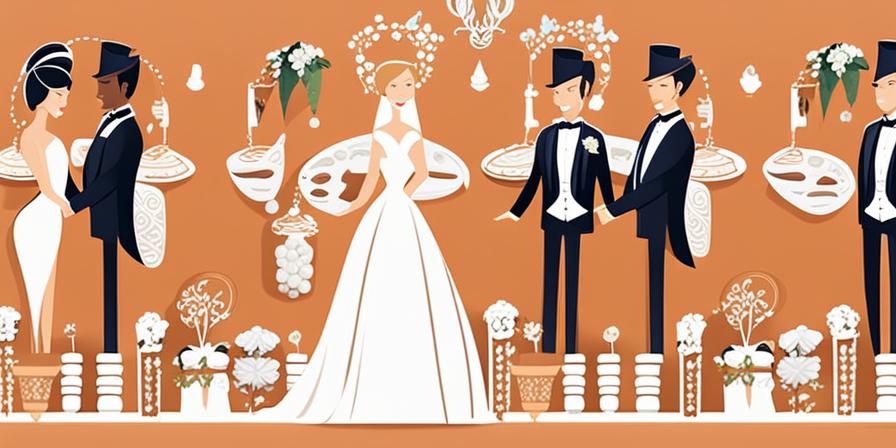 Pareja feliz rodeada de dinero y símbolos de boda