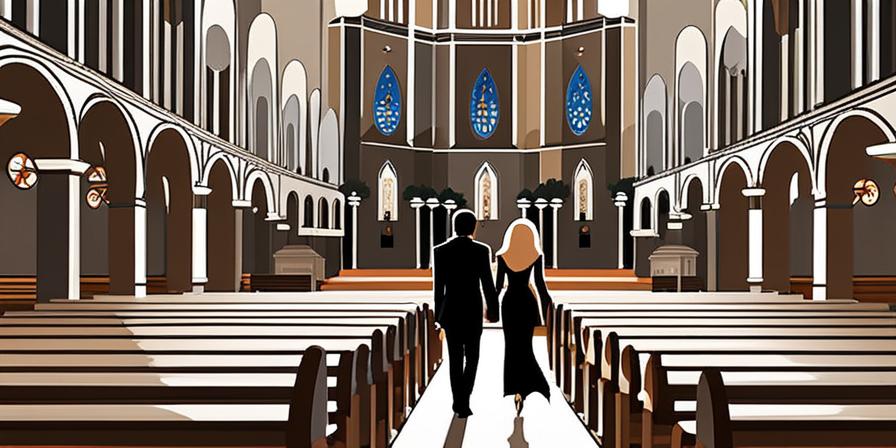 Una pareja feliz en una iglesia, con música y emoción