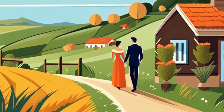 Feliz pareja intercambian votos en un paisaje rural