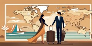 Viajeros felices con maleta y mapa mundial