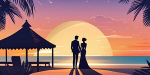 Pareja recién casada disfrutando de su luna de miel en una playa exótica