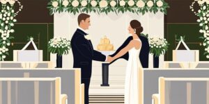 Pareja sonriente intercambiando votos matrimoniales en ceremonia íntima