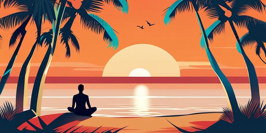 Pareja meditando en playa tropical con palmeras