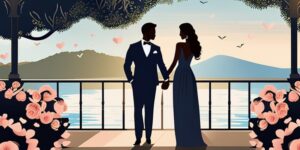 Novios felices en romántica boda al aire libre