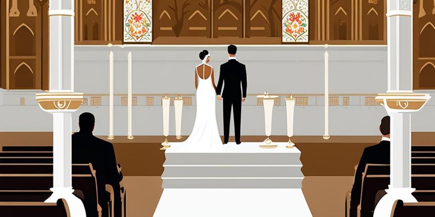 Pareja de novios intercambiando votos matrimoniales en un altar religioso