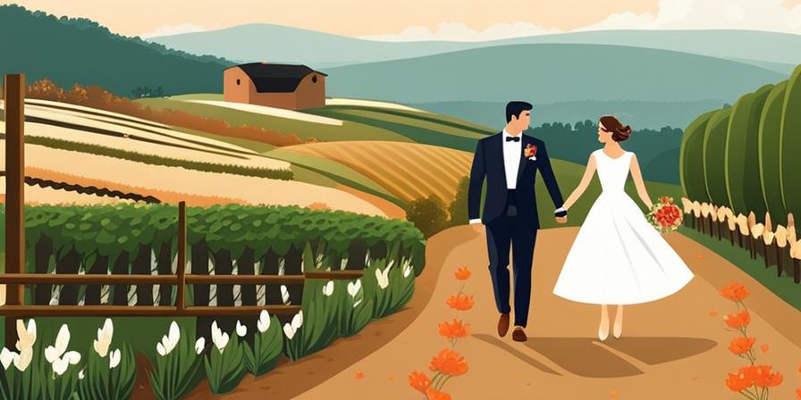 Recién casados abrazándose en granja rural