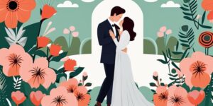 Pareja de recién casados abrazados en un jardín floral