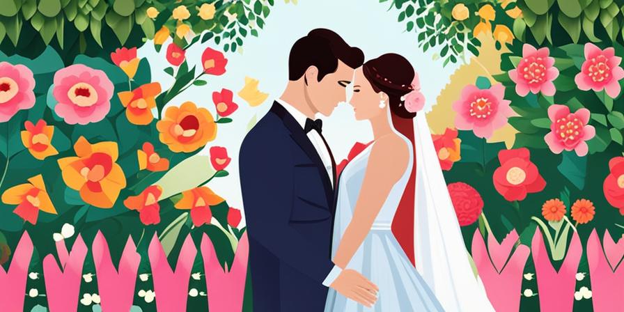 Recién casados abrazados en jardín floral