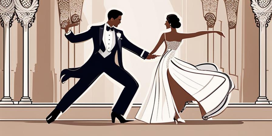 Recién casados bailando en trajes elegantes de boda