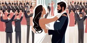 Pareja de recién casados bailando entre multitud feliz
