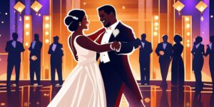 Recién casados bailando apasionadamente bajo luces brillantes